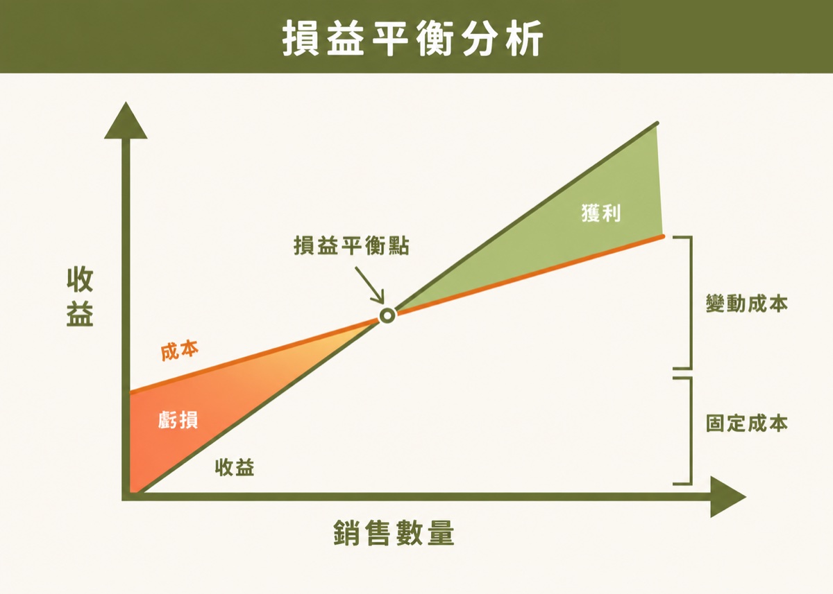 損益平衡分析圖：營收線與成本線交會形成損益平衡點